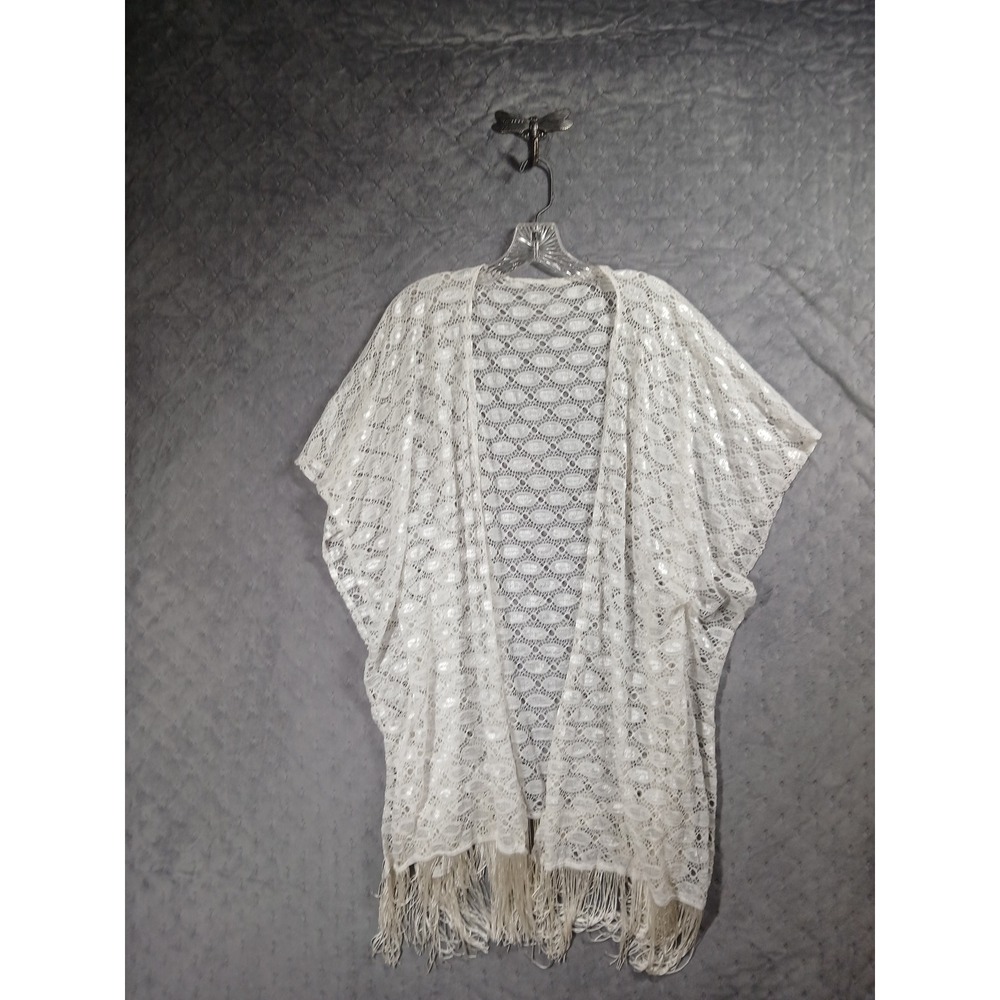 White Lace Kimono Wrap. One Size.Fringe Trim Boho Festival Beach Duster Cover-up - Picture 7 of 7